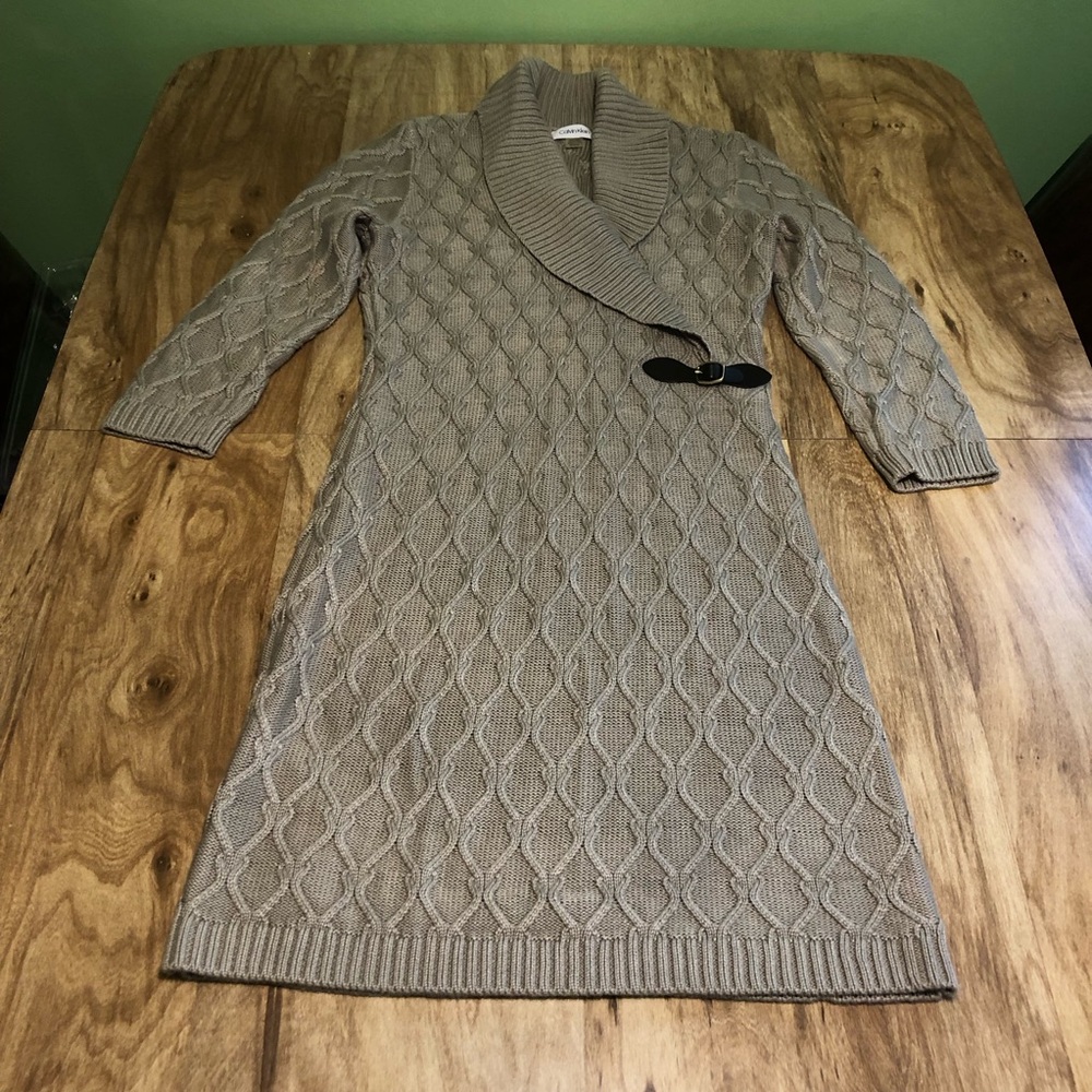 3/$55 NWOT Calvin Klein Cable Knit Shawl Collar Sweater Dress Beige Women Medium